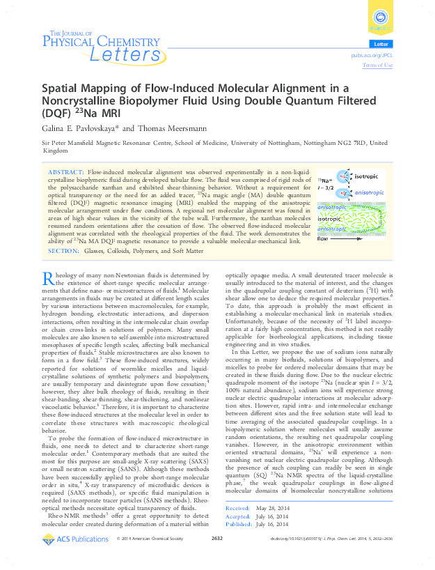 Spatial mapping of flow-induced molecular alignment in a noncrystalline biopolymer fluid using double quantum filtered (DQF) 23Na MRI Thumbnail