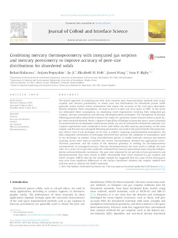 Combining mercury thermoporometry with integrated gas sorption and mercury porosimetry to improve accuracy of pore-size distributions for disordered solids Thumbnail