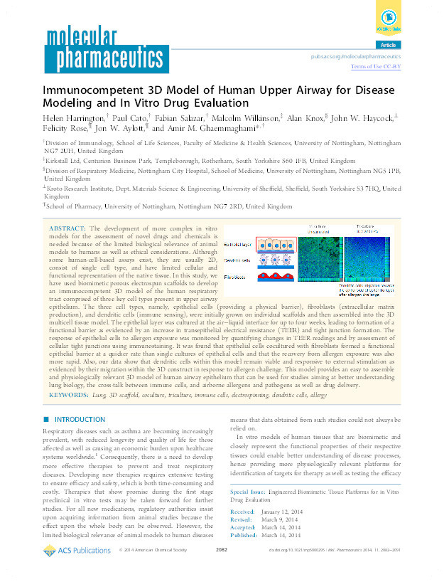 Immunocompetent 3D model of human upper airway for disease modeling and in vitro drug evaluation Thumbnail