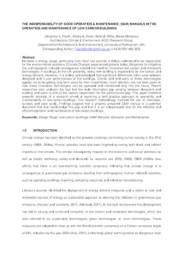 The indispensability of good operation & maintenance (O&M) manuals in the operation and maintenance of low carbon buildings Thumbnail