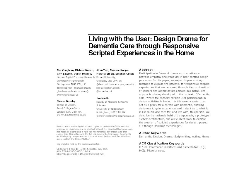 Living with the user: design drama for dementia care through responsive scripted experiences in the home Thumbnail