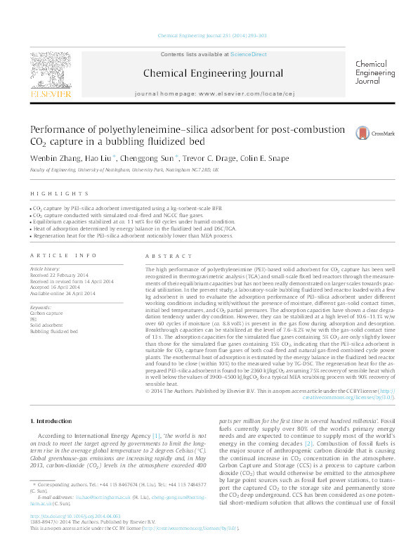 Performance of polyethyleneimine–silica adsorbent for post-combustion CO2 capture in a bubbling fluidized bed Thumbnail