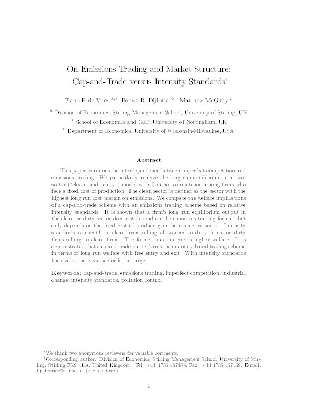 On Emissions Trading and Market Structure: Cap-and-Trade versus Intensity Standards Thumbnail