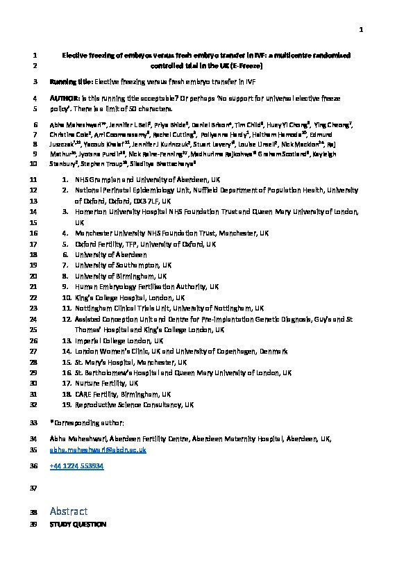 Elective freezing of embryos versus fresh embryo transfer in IVF: a multicentre randomized controlled trial in the UK (E-Freeze) Thumbnail