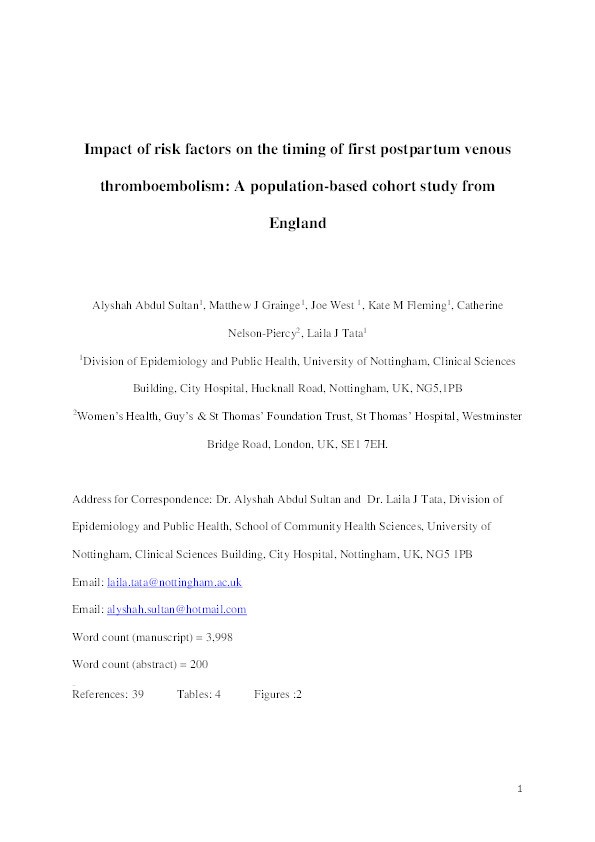 Impact of risk factors on the timing of first postpartum venous thromboembolism: a population-based cohort study from England Thumbnail