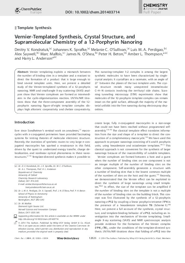 Vernier-Templated Synthesis, Crystal Structure, and Supramolecular Chemistry of a 12-Porphyrin Nanoring Thumbnail