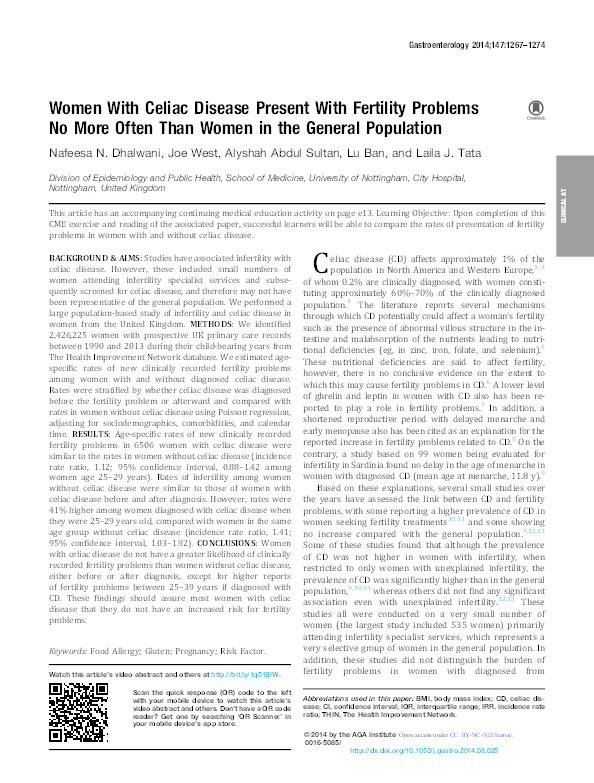 Women with celiac disease present with fertility problems no more often than women in the general population Thumbnail