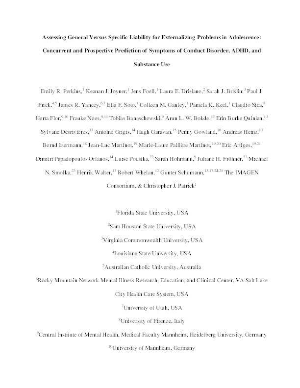 Assessing General Versus Specific Liability for Externalizing Problems in Adolescence: Concurrent and Prospective Prediction of Symptoms of Conduct Disorder, ADHD, and Substance Use Thumbnail