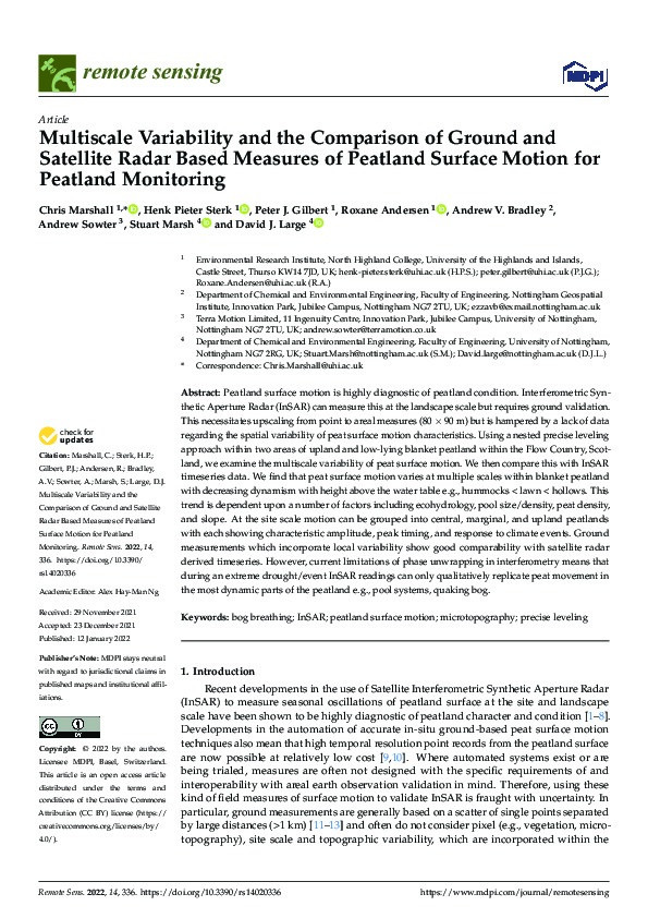 Multiscale Variability and the Comparison of Ground and Satellite Radar Based Measures of Peatland Surface Motion for Peatland Monitoring Thumbnail