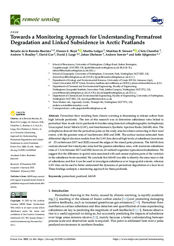 Towards a Monitoring Approach for Understanding Permafrost Degradation and Linked Subsidence in Arctic Peatlands Thumbnail