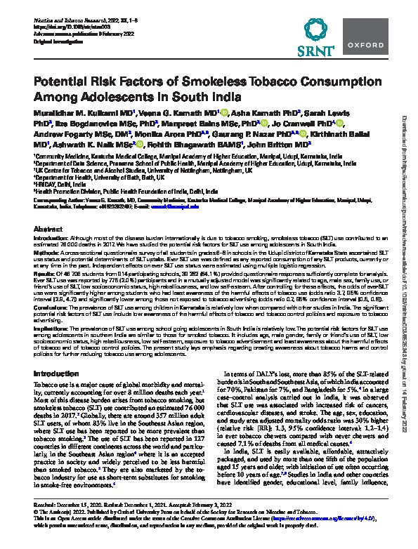 Potential Risk Factors of Smokeless Tobacco Consumption Among Adolescents in South India Thumbnail