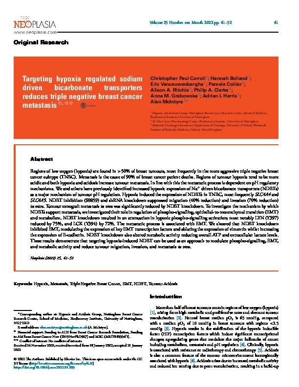 Targeting hypoxia regulated sodium driven bicarbonate transporters reduces triple negative breast cancer metastasis Thumbnail