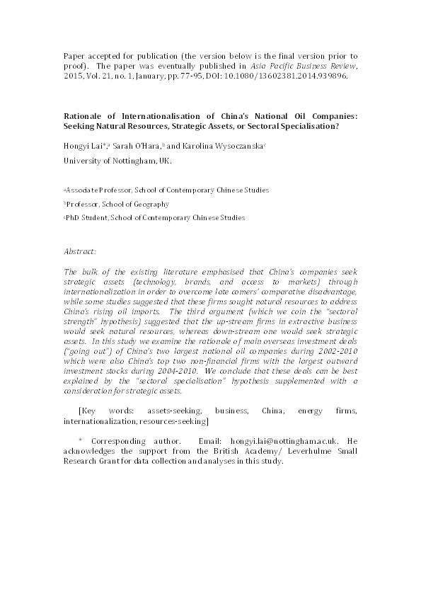 Rationale of internationalization of China's national oil companies: seeking natural resources, strategic assets or sectoral specialization? Thumbnail