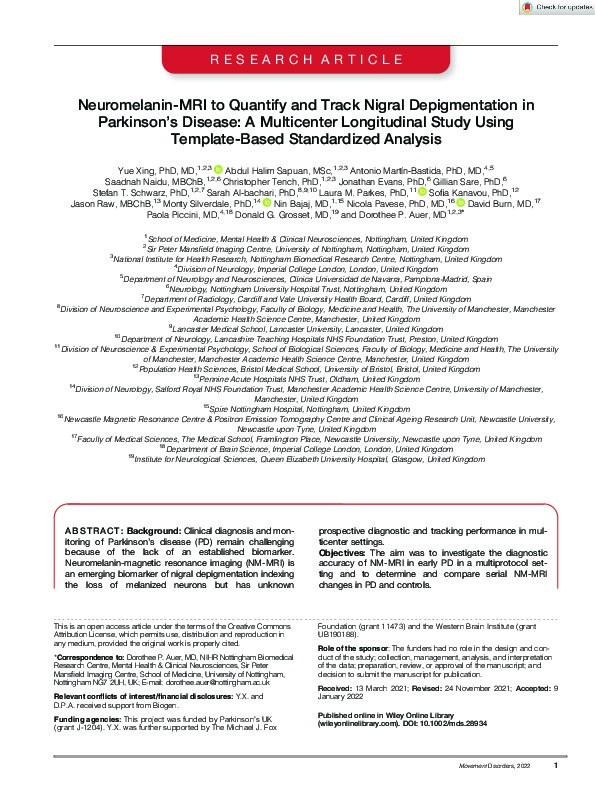 Neuromelanin-MRI to Quantify and Track Nigral Depigmentation in Parkinson's Disease: A Multicenter Longitudinal Study Using Template-Based Standardized Analysis Thumbnail