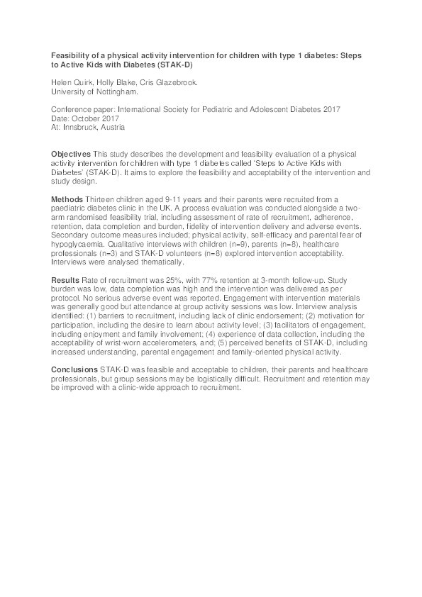 Feasibility of a physical activity intervention for children with type 1 diabetes: Steps to Active Kids with Diabetes (STAK-D) Thumbnail