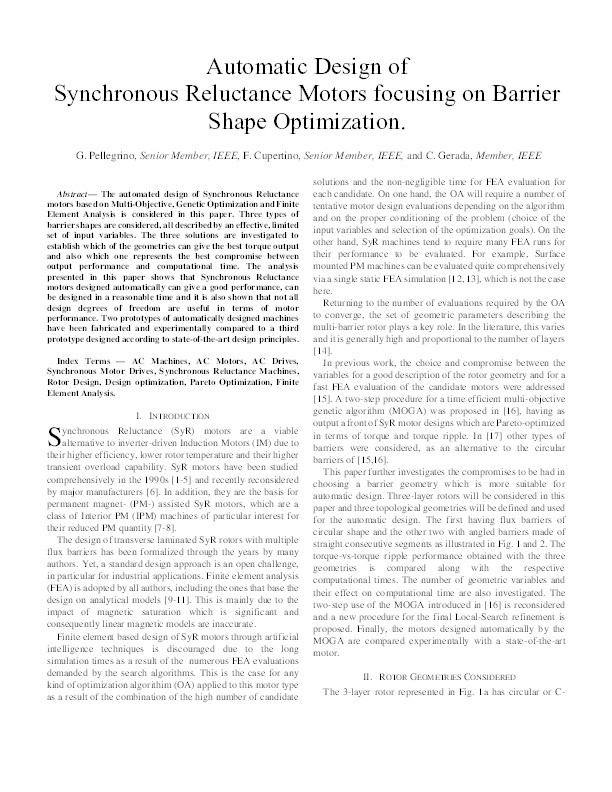 Automatic design of Synchronous Reluctance motors focusing on barrier shape optimization Thumbnail