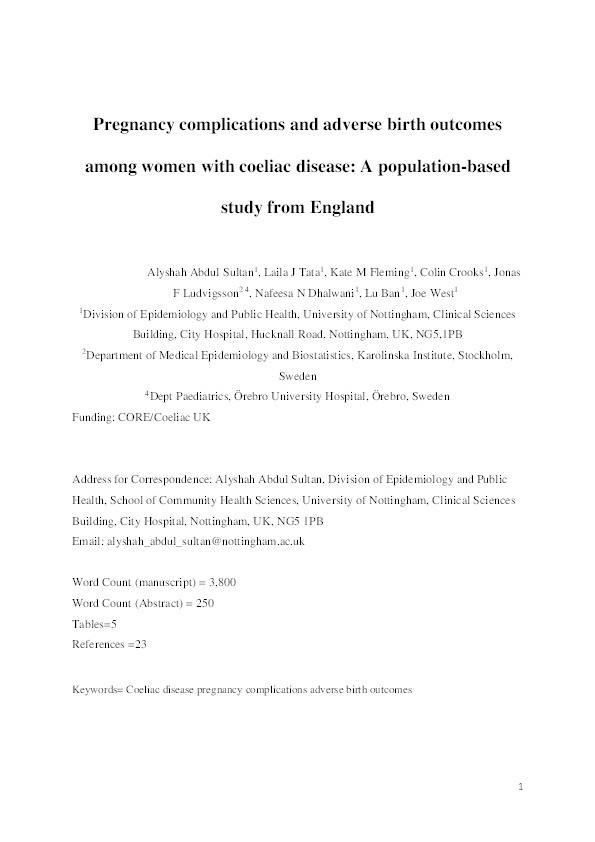 Pregnancy complications and adverse birth outcomes among women with celiac disease: a population-based study from England Thumbnail