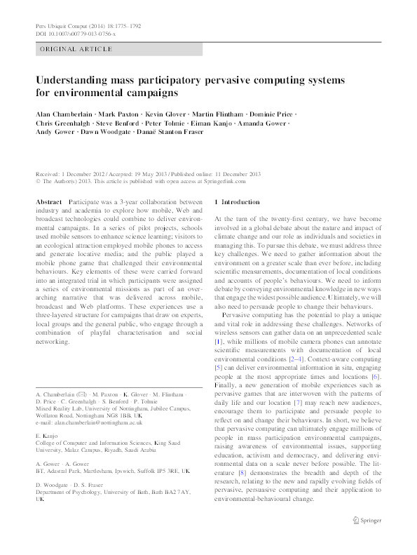 Understanding mass participatory pervasive computing systems for environmental campaigns Thumbnail