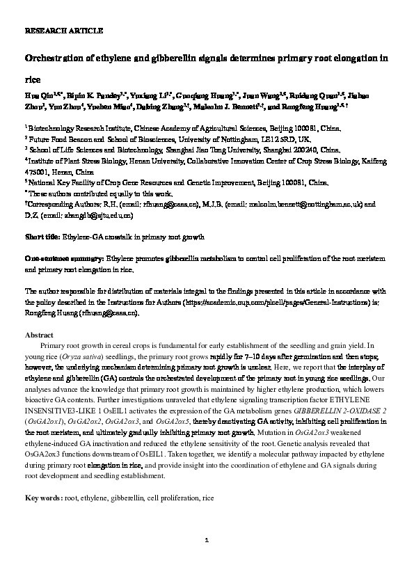 Orchestration of ethylene and gibberellin signals determines primary root elongation in rice Thumbnail