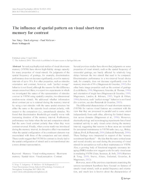 The influence of spatial pattern on visual short-term memory for contrast Thumbnail