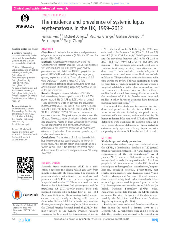 The incidence and prevalence of systemic lupus erythematosus in the UK, 1999–2012 Thumbnail