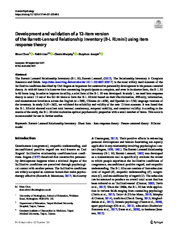 Development and validation of a 12-item version of the Barrett-Lennard Relationship Inventory (B-L RI:mini) using item response theory Thumbnail