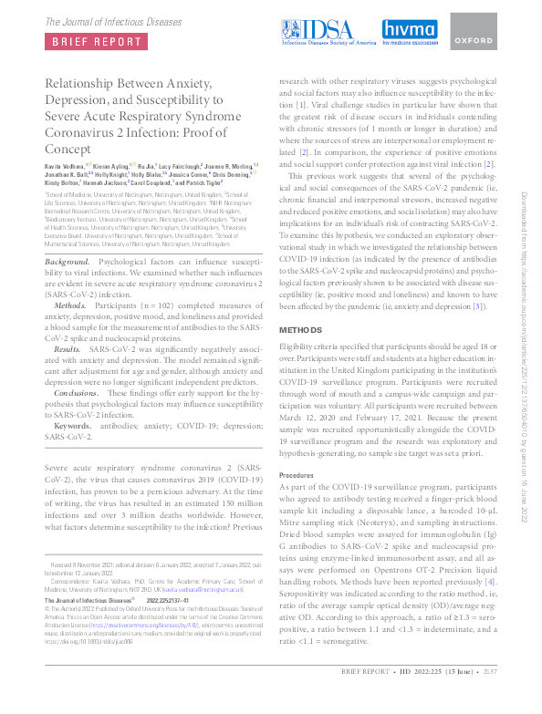 Relationship between Anxiety, Depression, and Susceptibility to Severe Acute Respiratory Syndrome Coronavirus 2 Infection: Proof of Concept Thumbnail