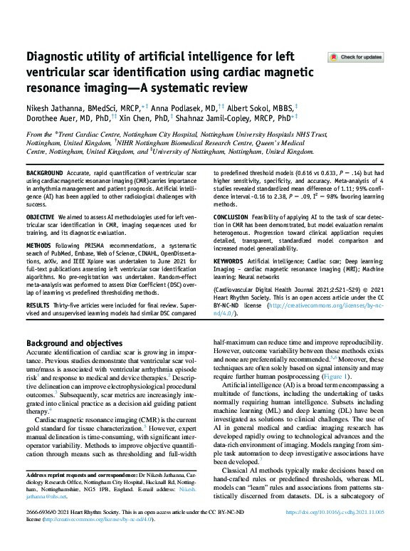 Diagnostic utility of artificial intelligence for left ventricular scar identification using cardiac magnetic resonance imaging—A systematic review Thumbnail