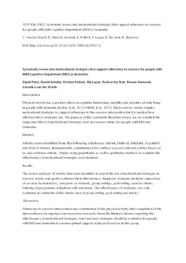 Systematic review into motivational strategies that support adherence to exercise for people with mild cognitive impairment (MCI) or dementia Thumbnail