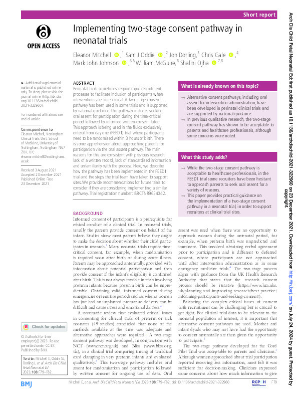 Implementing two-stage consent pathway in neonatal trials Thumbnail