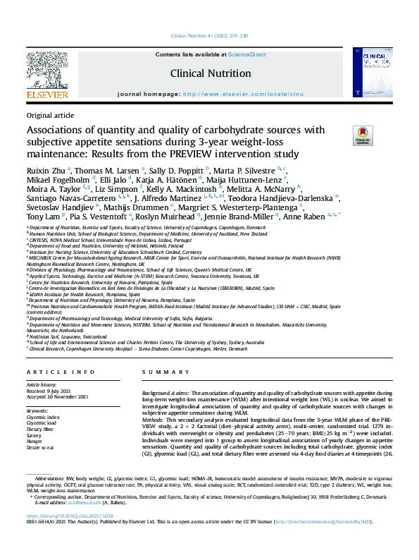 Associations of quantity and quality of carbohydrate sources with subjective appetite sensations during 3-year weight-loss maintenance: Results from the PREVIEW intervention study Thumbnail