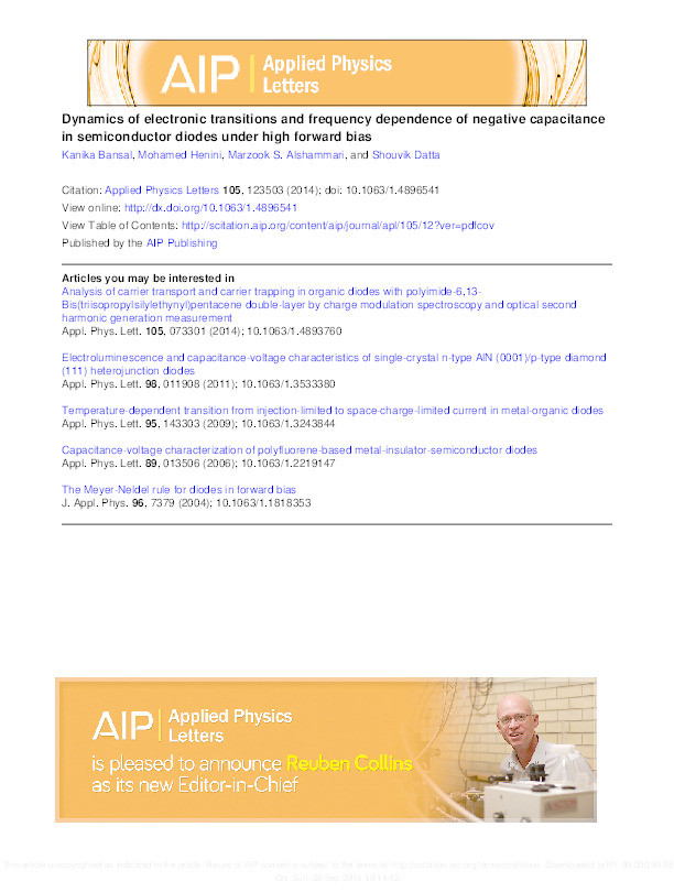 Dynamics of electronic transitions and frequency dependence of negative capacitance in semiconductor diodes under high forward bias Thumbnail