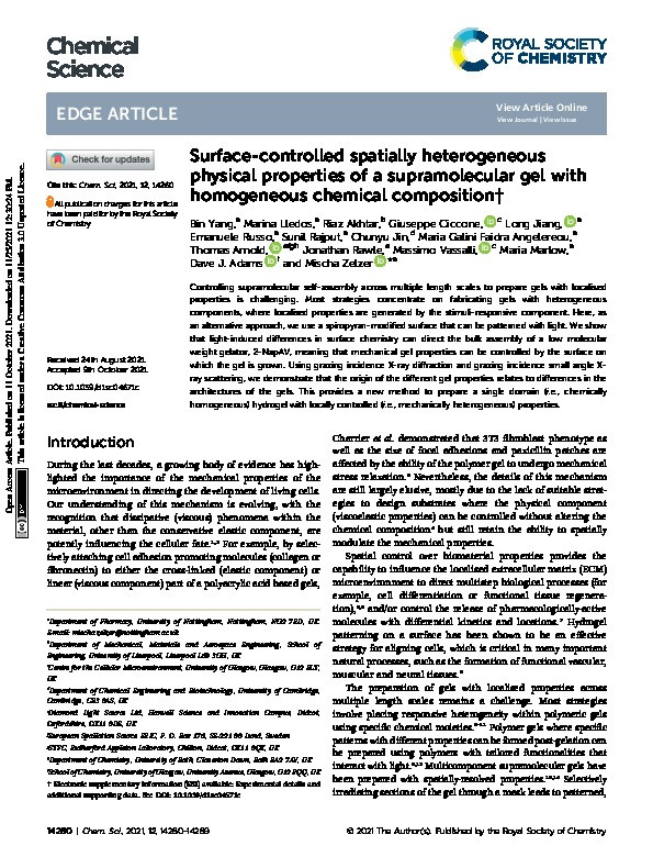 Surface-controlled spatially heterogeneous physical properties of a supramolecular gel with homogeneous chemical composition Thumbnail