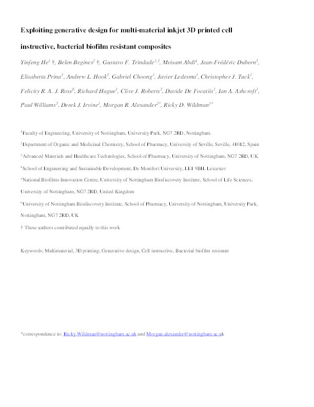 Exploiting Generative Design for Multi-Material Inkjet 3D Printed Cell Instructive, Bacterial Biofilm Resistant Composites Thumbnail