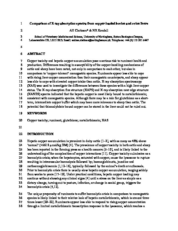Comparison of X-ray absorption spectra from copper-loaded bovine and ovine livers Thumbnail