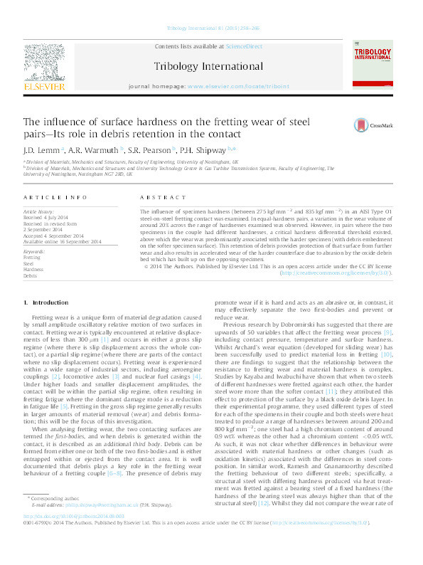 The influence of surface hardness on the fretting wear of steel pairs: its role in debris retention in the contact Thumbnail