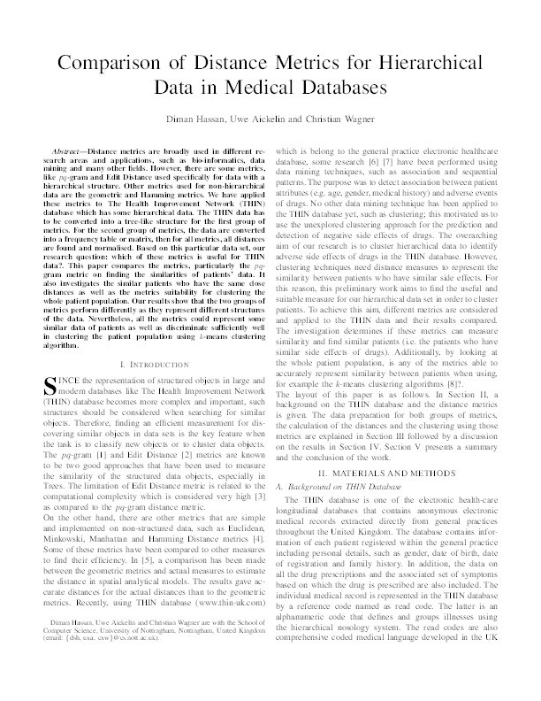 Comparison of distance metrics for hierarchical data in medical databases Thumbnail