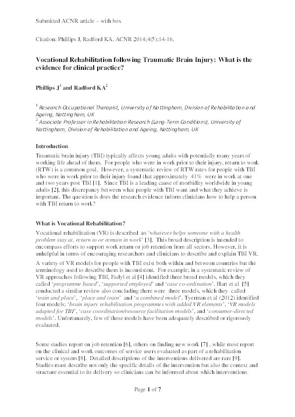 Vocational rehabilitation following traumatic brain injury: what is the evidence for clinical practice? Thumbnail