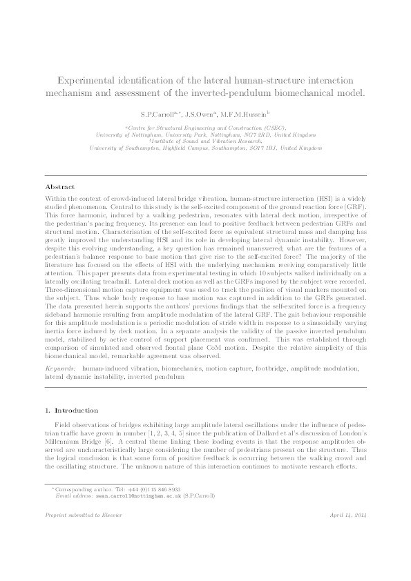 Experimental identification of the lateral human–structure interaction mechanism and assessment of the inverted-pendulum biomechanical model Thumbnail