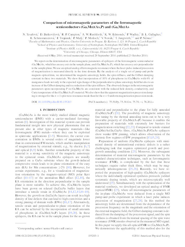 Comparison of micromagnetic parameters of the ferromagnetic semiconductors (Ga,Mn)(As,P) and (Ga,Mn)As Thumbnail