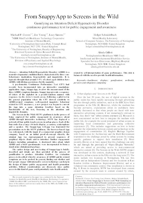 From SnappyApp to Screens in the Wild: gamifying an Attention Hyperactivity Deficit Disorder continuous performance test for public engagement and awareness Thumbnail