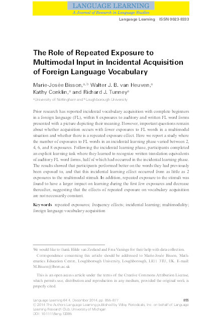 The role of repeated exposure to multimodal input in incidental acquisition of foreign language vocabulary Thumbnail