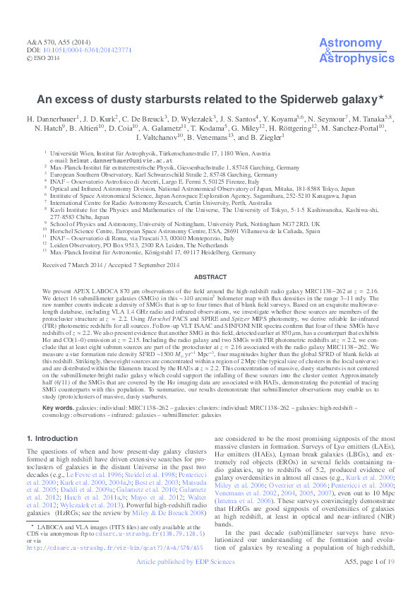 An excess of dusty starbursts related to the Spiderweb galaxy Thumbnail