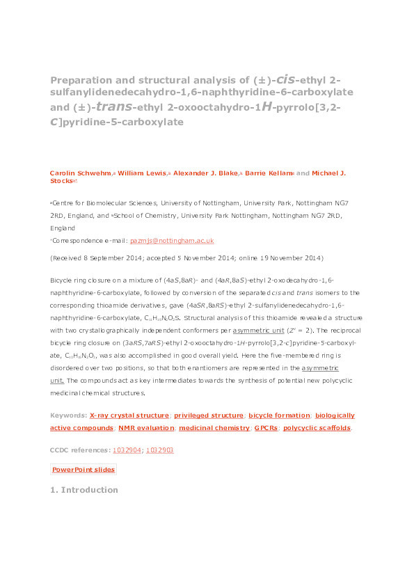 Preparation and structural analysis of (±)-cis-ethyl 2-sulfanylidenedecahydro-1,6-naphthyridine-6-carboxylate and (±)-trans-ethyl 2-oxooctahydro-1H-pyrrolo[3,2-c]pyridine-5-carboxylate Thumbnail