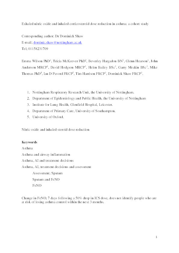 Exhaled nitric oxide and inhaled corticosteroid dose reduction in asthma: A cohort study Thumbnail