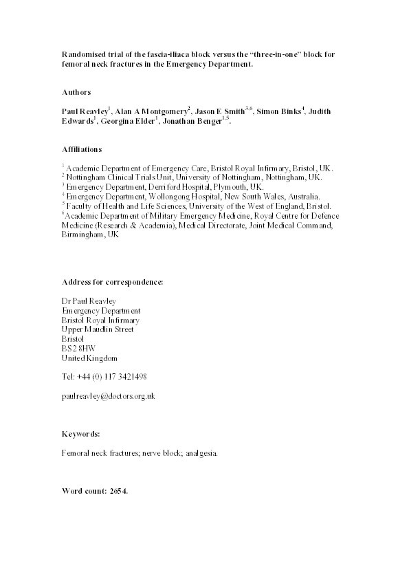 Randomised trial of the fascia iliaca block versus the ‘3-in-1’ block for femoral neck fractures in the emergency department Thumbnail