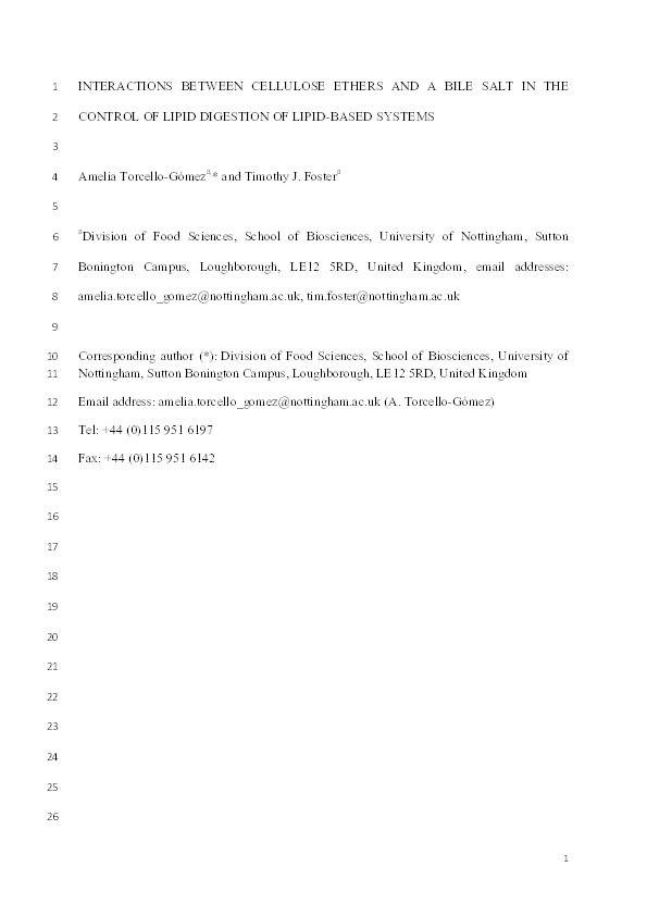 Interactions between cellulose ethers and a bile salt in the control of lipid digestion of lipid-based systems Thumbnail