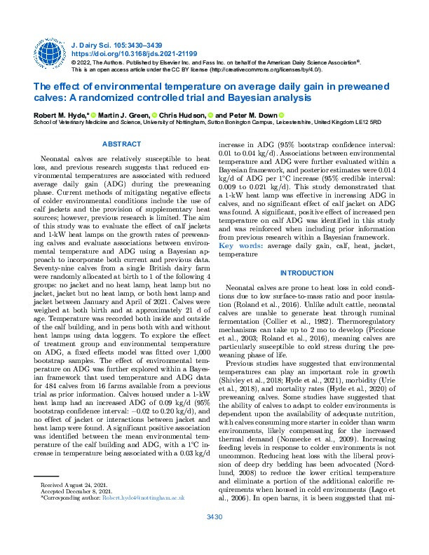 The effect of environmental temperature on average daily gain in preweaned calves: A randomized controlled trial and Bayesian analysis Thumbnail