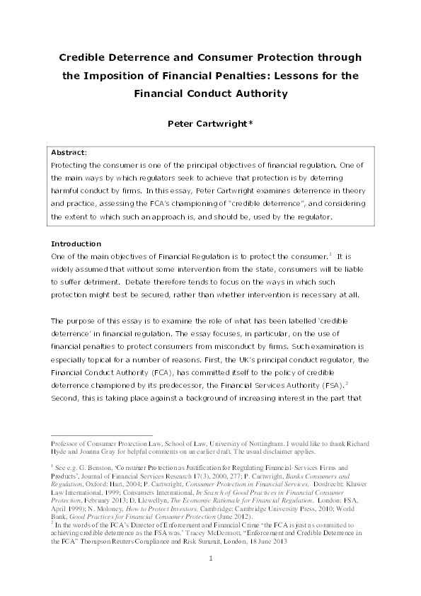 Credible deterrence and consumer protection through the imposition of financial penalties: lessons for the Financial Conduct Authority Thumbnail