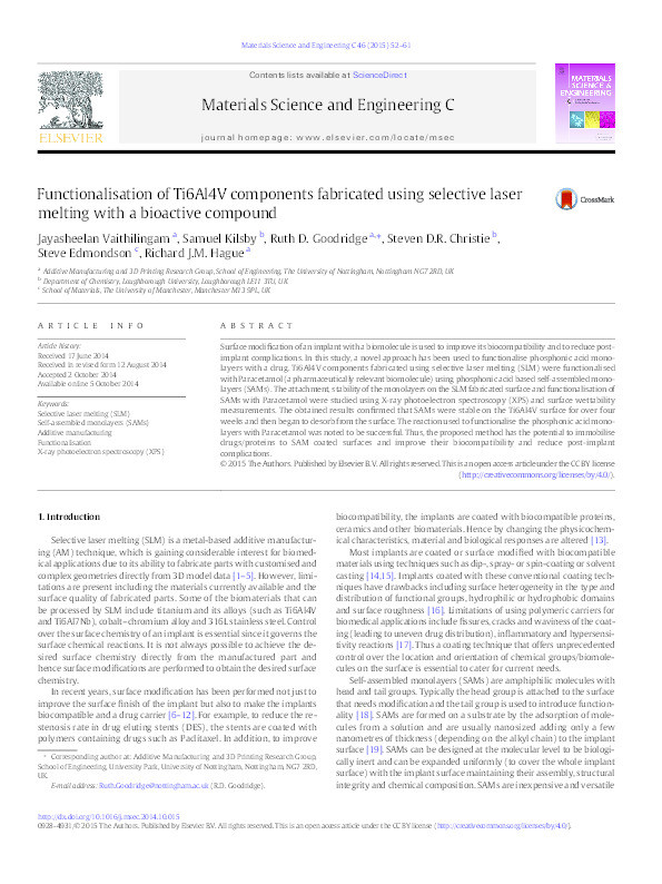 Functionalisation of Ti6Al4V components fabricated using selective laser melting with a bioactive compound Thumbnail